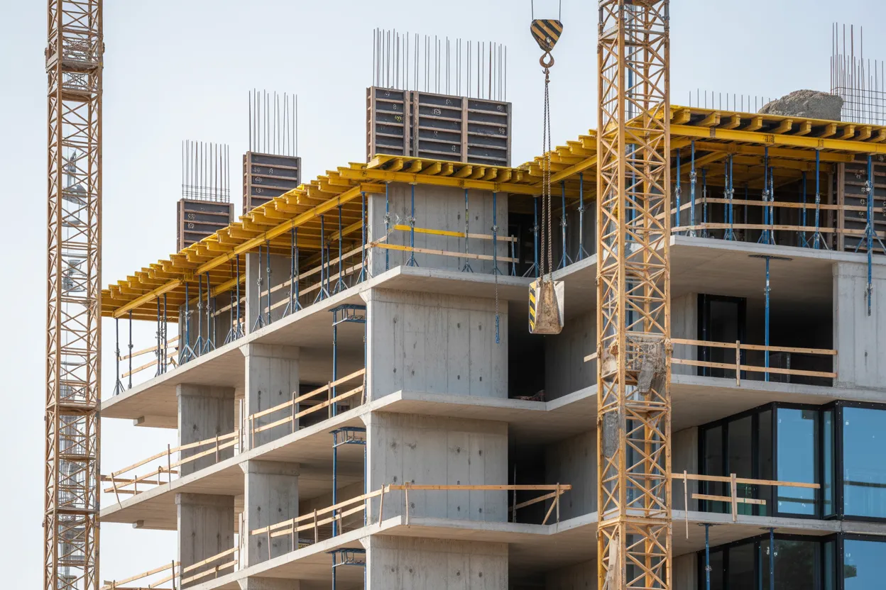 Construction site with cranes, excavators, and building framework